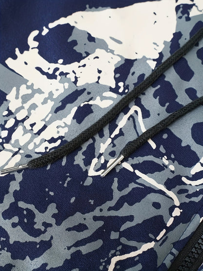 Men’s Skull Print Hooded Jacket – Zip-Up Casual Fall/Winter Hoodie