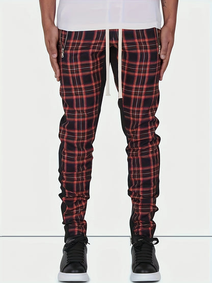 Men’s Red & Black Plaid Joggers – 3D Knit Streetwear Trousers