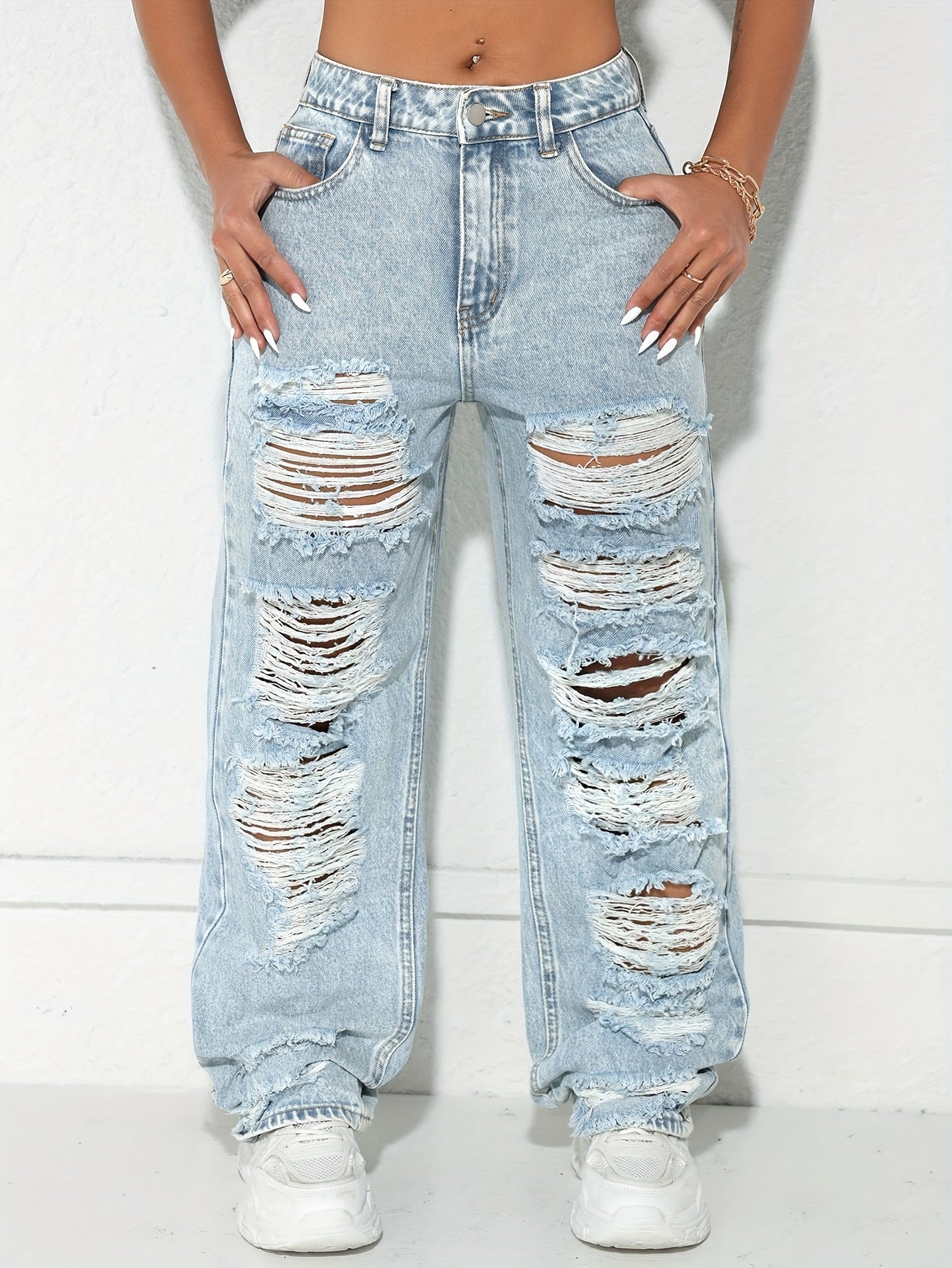 Vaqueros anchos vintage desgastados – Denim clásico lavado azul estilo urbano