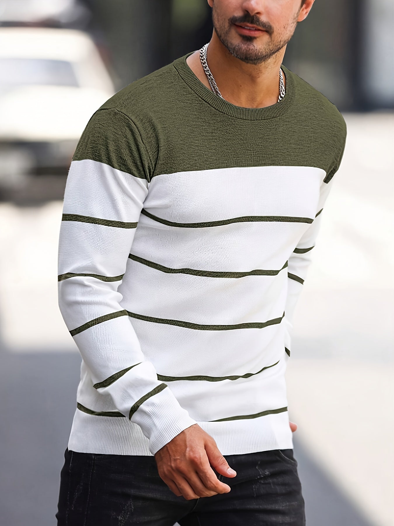 Pull tricoté rayé bleu marine pour homme – Col rond décontracté