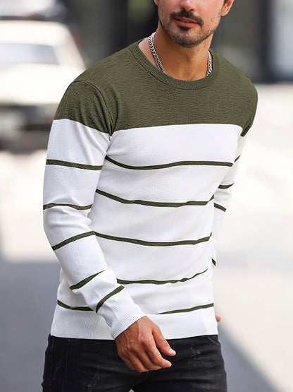 Pull tricoté rayé bleu marine pour homme – Col rond décontracté