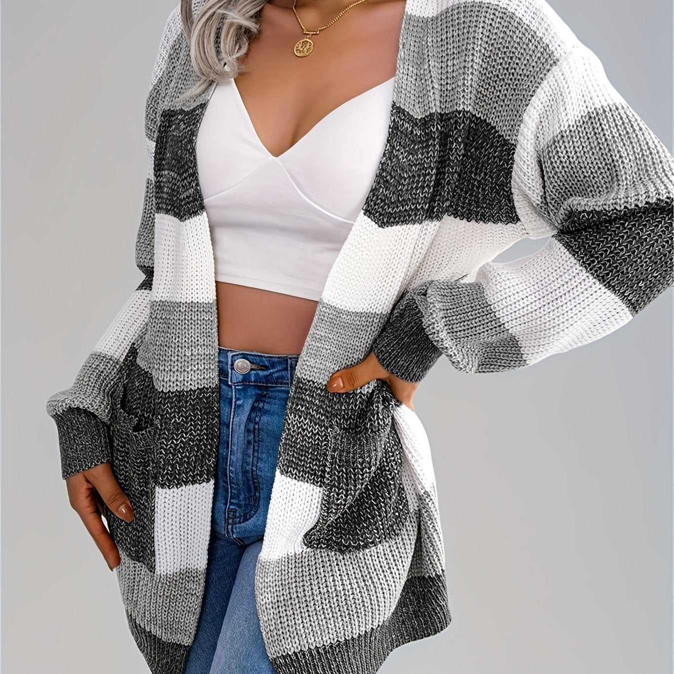 Women’s Color block Striped Cardigan – Puff Sleeve Winter Knit Sweater