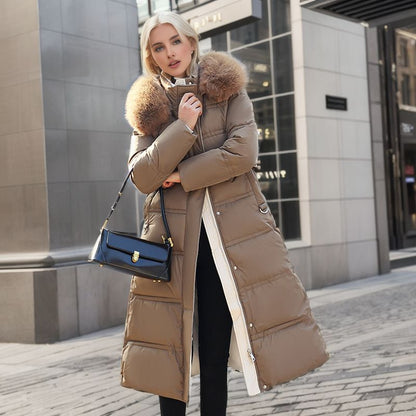 Manteau Long d'Hiver Slim Femme avec Capuche Fourrure & Ceinture – Coupe Chaude