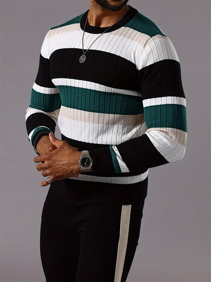 Men’s Striped Ribbed Knit Sweater – Color-Block Fall Winter Pullover