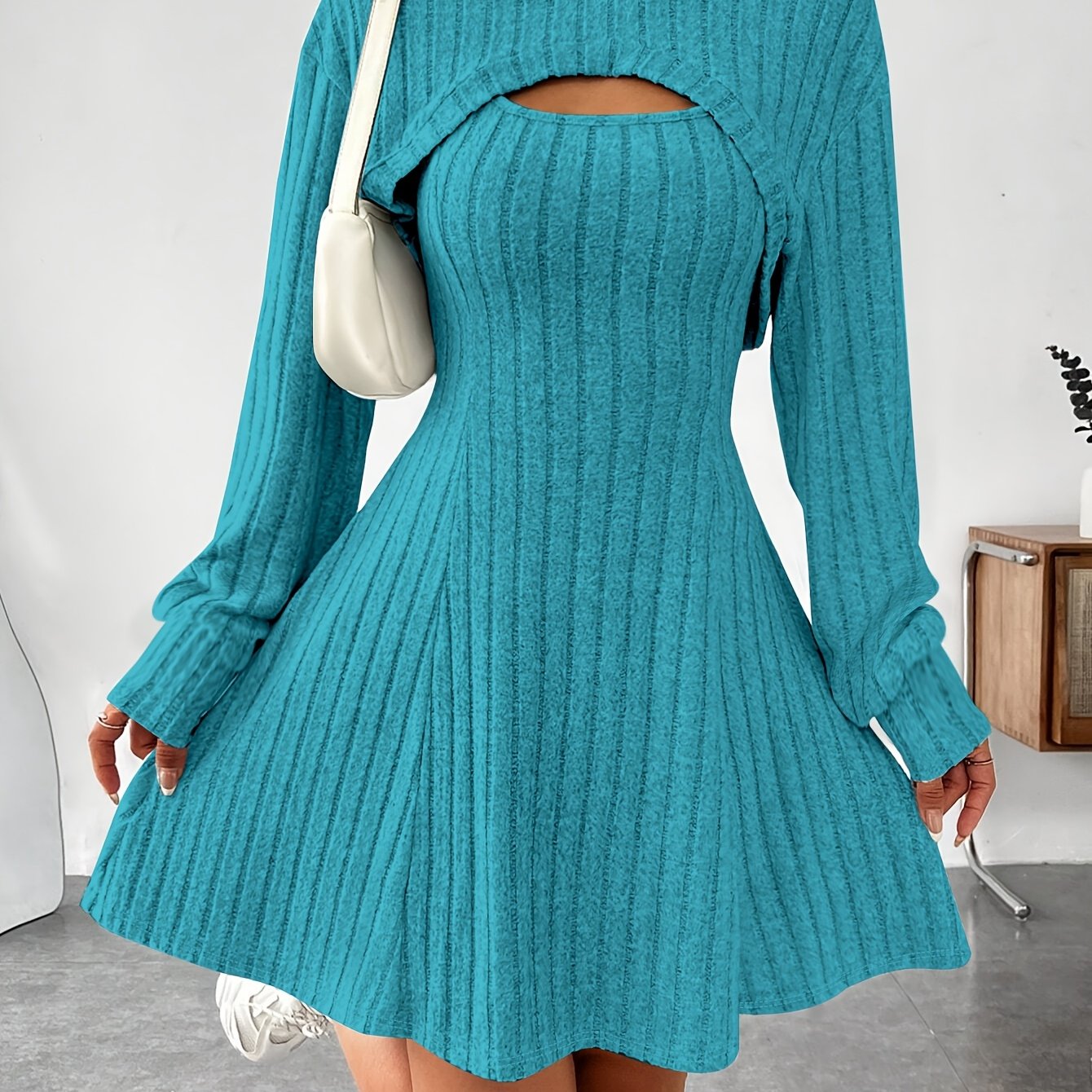 Women’s Ribbed Two-Piece Dress Set – Hooded Short Top & Bodycon Dress