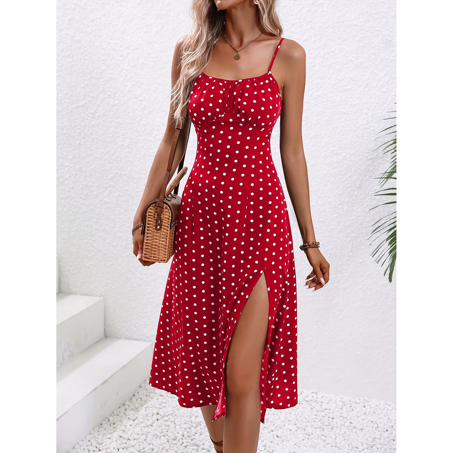 Loom & Soul™ Polka Dot Spaghetti-Strap Maxi Dress – Women’s Summer Split Long Dress