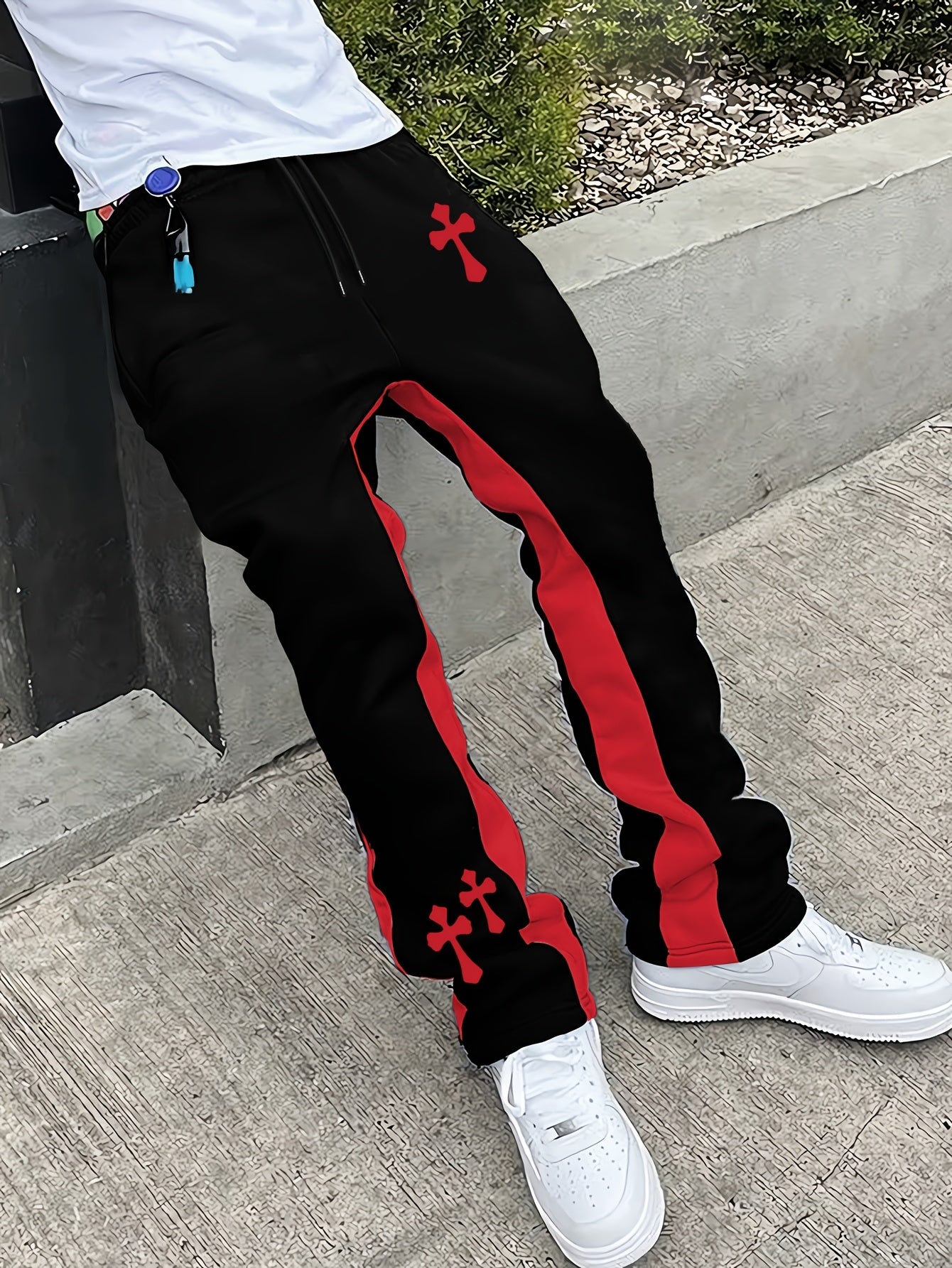 Men’s Black Flared Pants – Cross Print Streetwear Trousers with Red Stripe