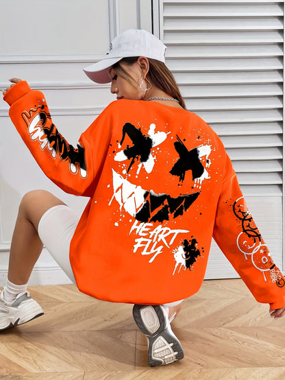 Women’s Graffiti Letter Sweatshirt – Black Artistic Fall/Winter Pullover