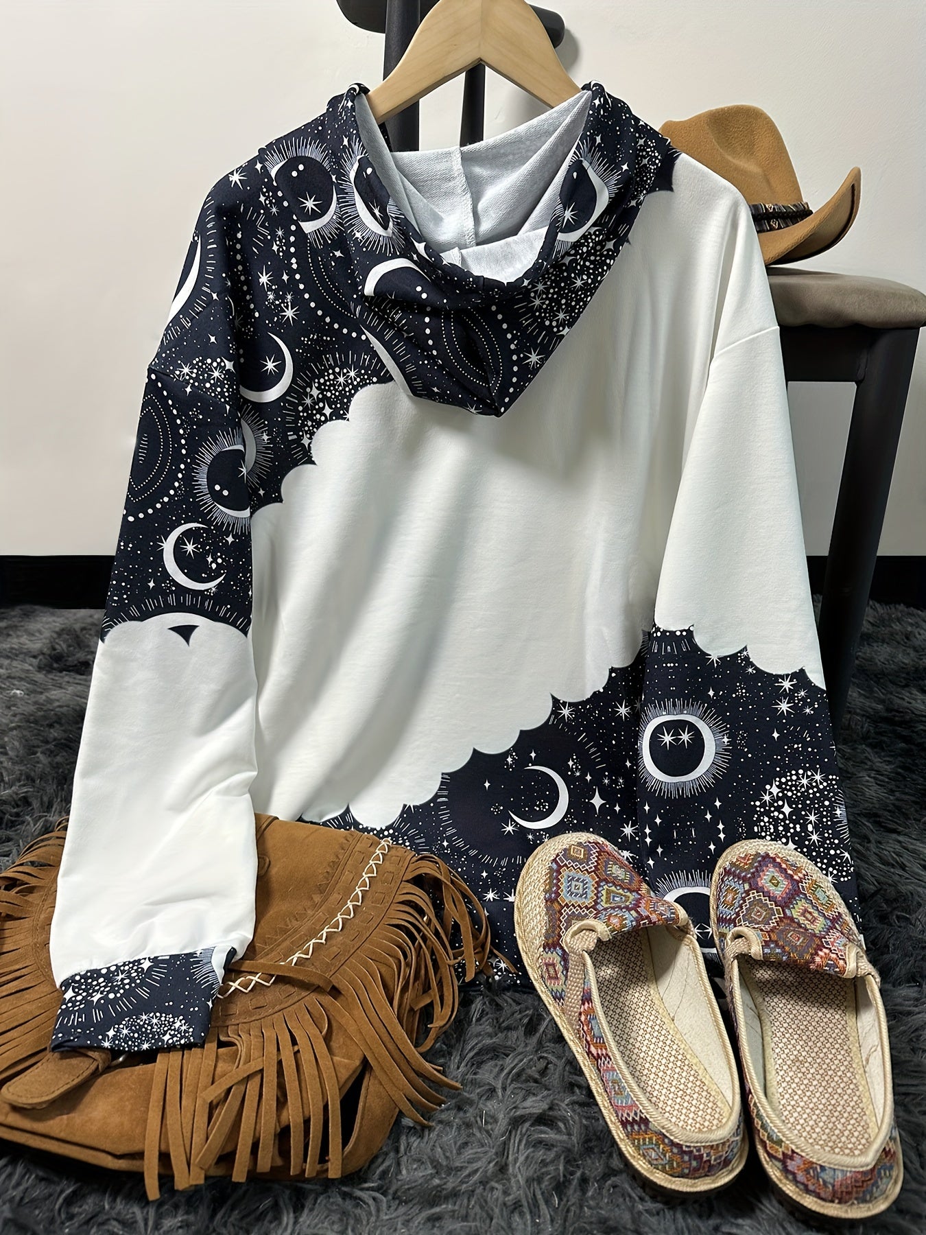 Boho Chic Celestial Hoodie – Women’s Green Zodiac Moon Pullover