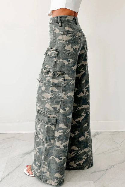 Pantalones cargo de mezclilla con estampado de camuflaje para mujer – Jeans utilitarios de pierna ancha