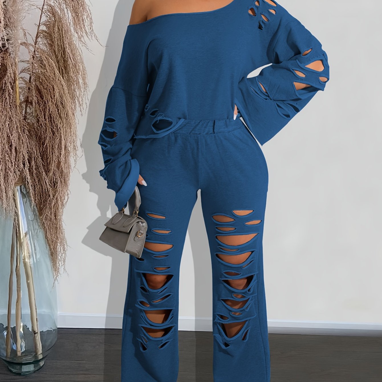 Women’s 2-Piece Off-Shoulder Distressed Set – Long Sleeve Top & Ripped Pants