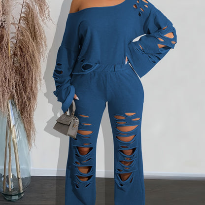 Women’s 2-Piece Off-Shoulder Distressed Set – Long Sleeve Top & Ripped Pants