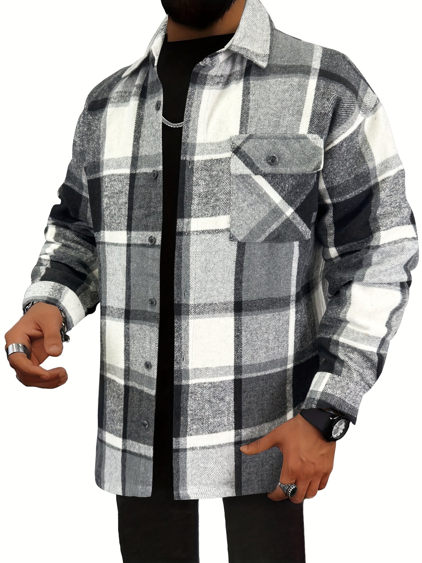 Chaqueta tipo camisa de lana a cuadros para hombre – Sobrecamisa cómoda a cuadros con botones