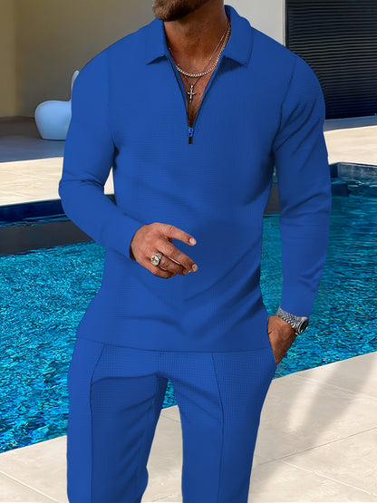 Men’s Lightweight Casual Suit Set – Half-Zip Lapel Top & Pants