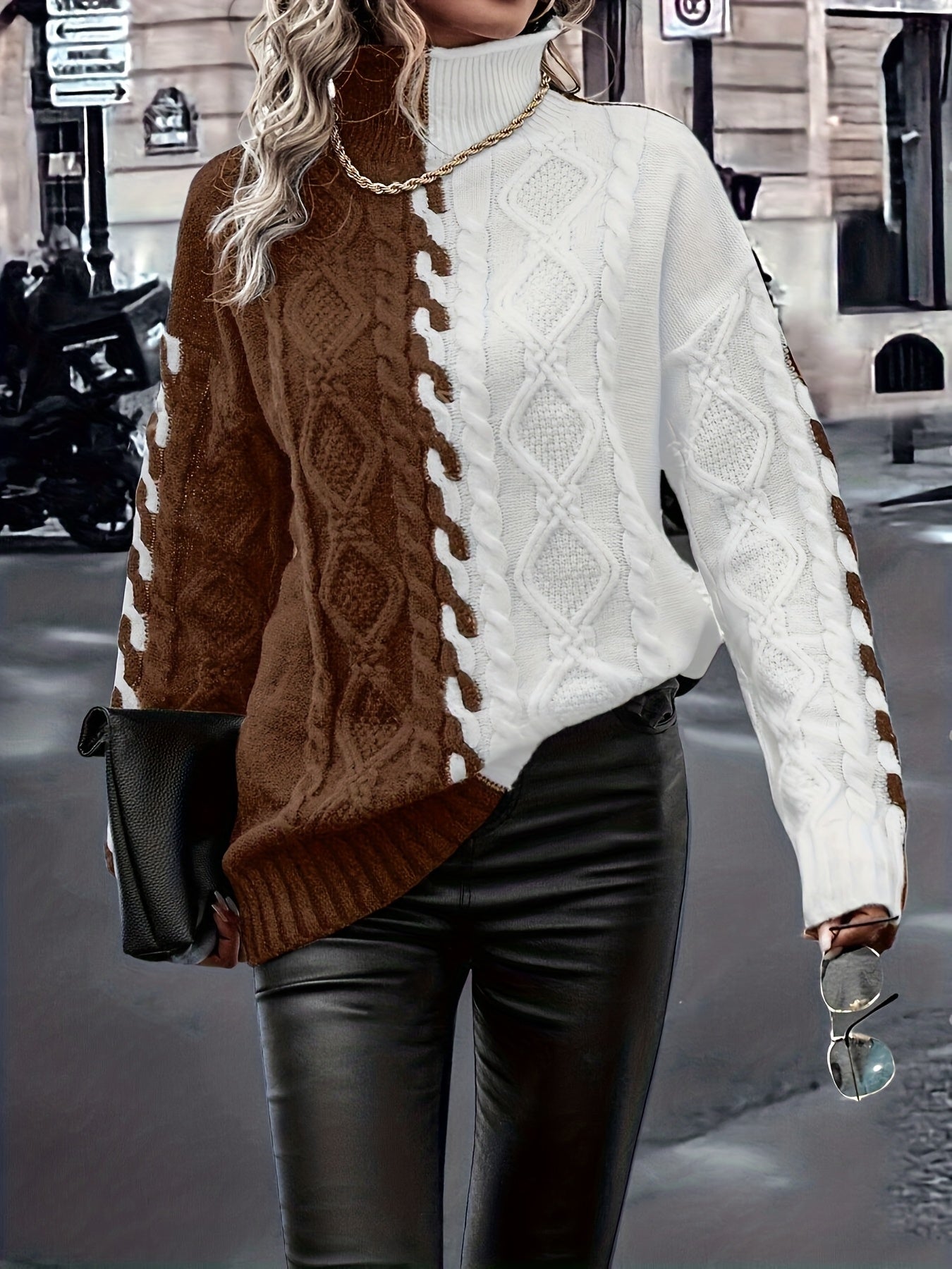 Elegant High-Neck Striped Blouse – Color-Block Knit Long Sleeve Top