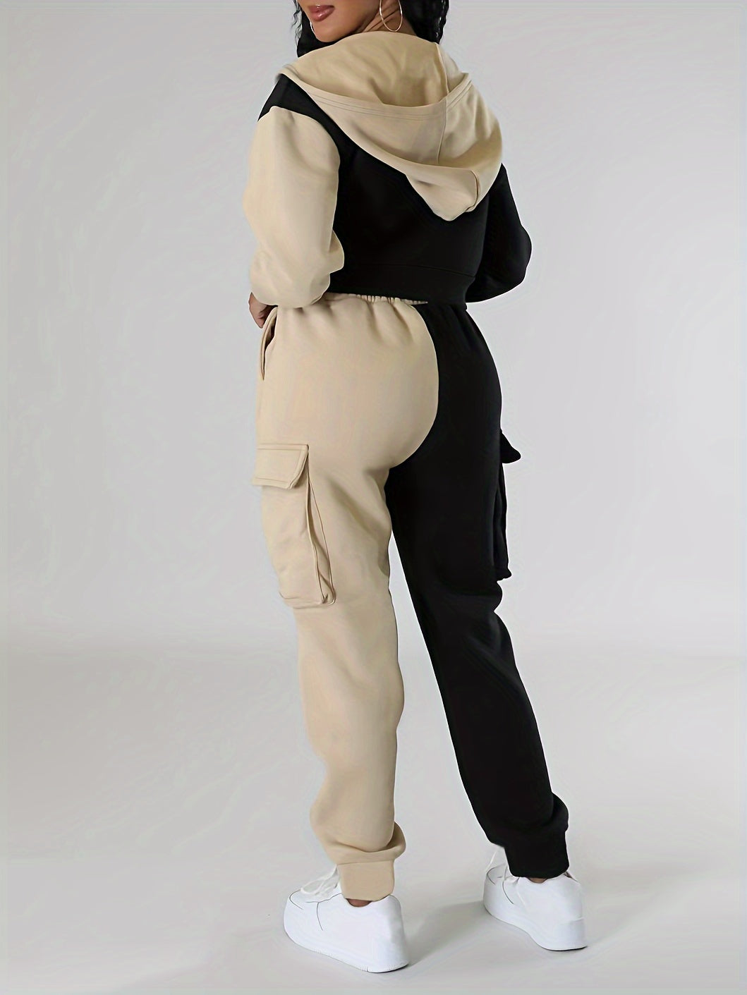 Colorblock Hooded Jacket & Cargo Pants Set – Women’s Zip-Up Two-Piece