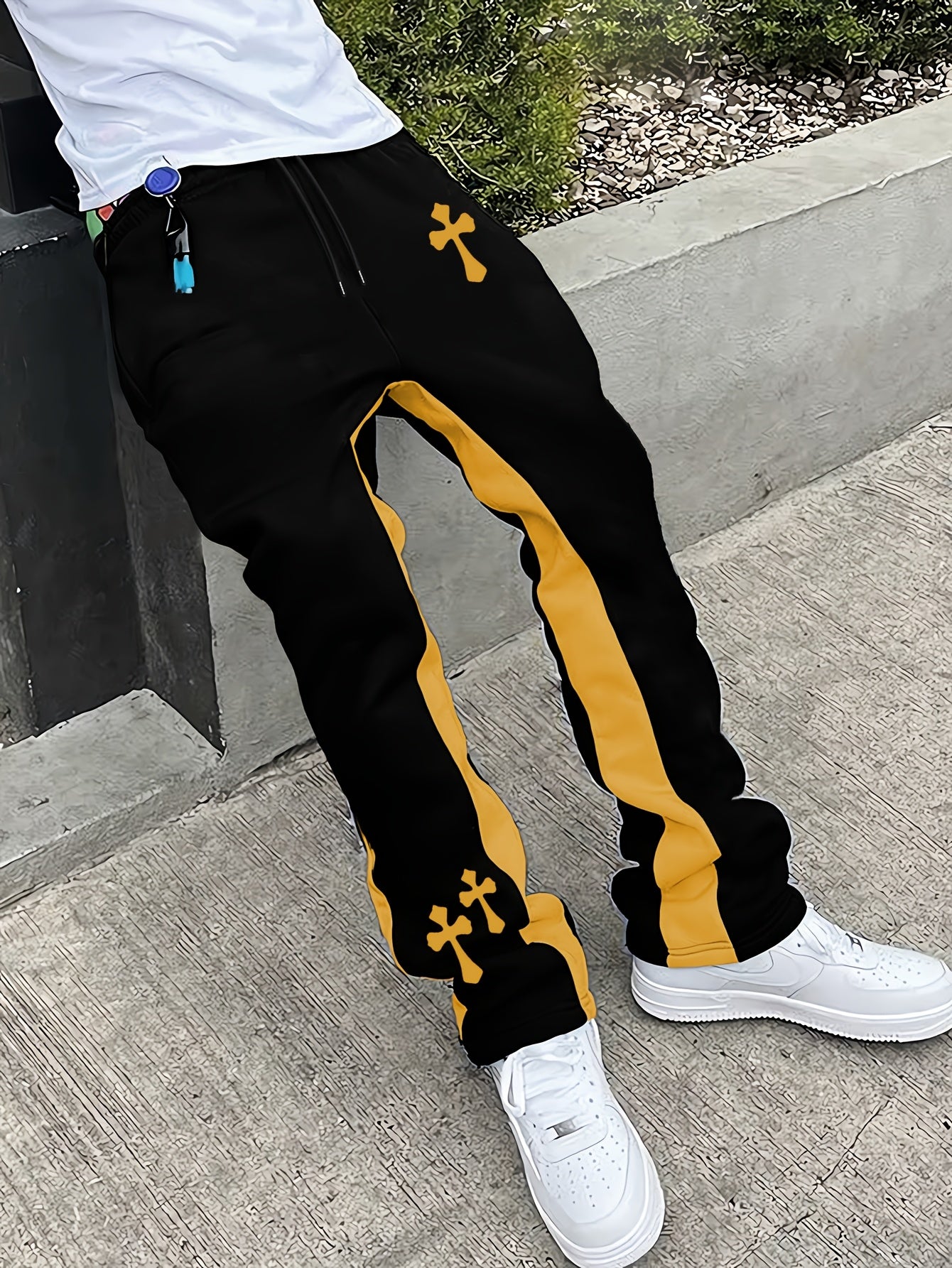 Men’s Black Flared Pants – Cross Print Streetwear Trousers with Red Stripe