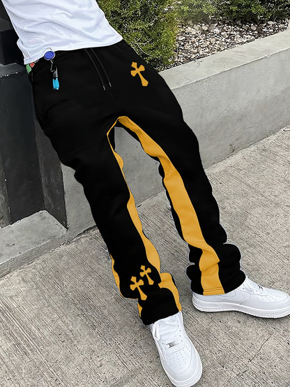 Men’s Black Flared Pants – Cross Print Streetwear Trousers with Red Stripe