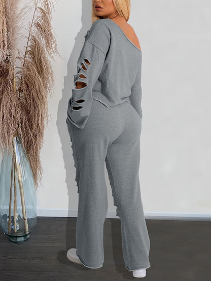 Women’s 2-Piece Off-Shoulder Distressed Set – Long Sleeve Top & Ripped Pants