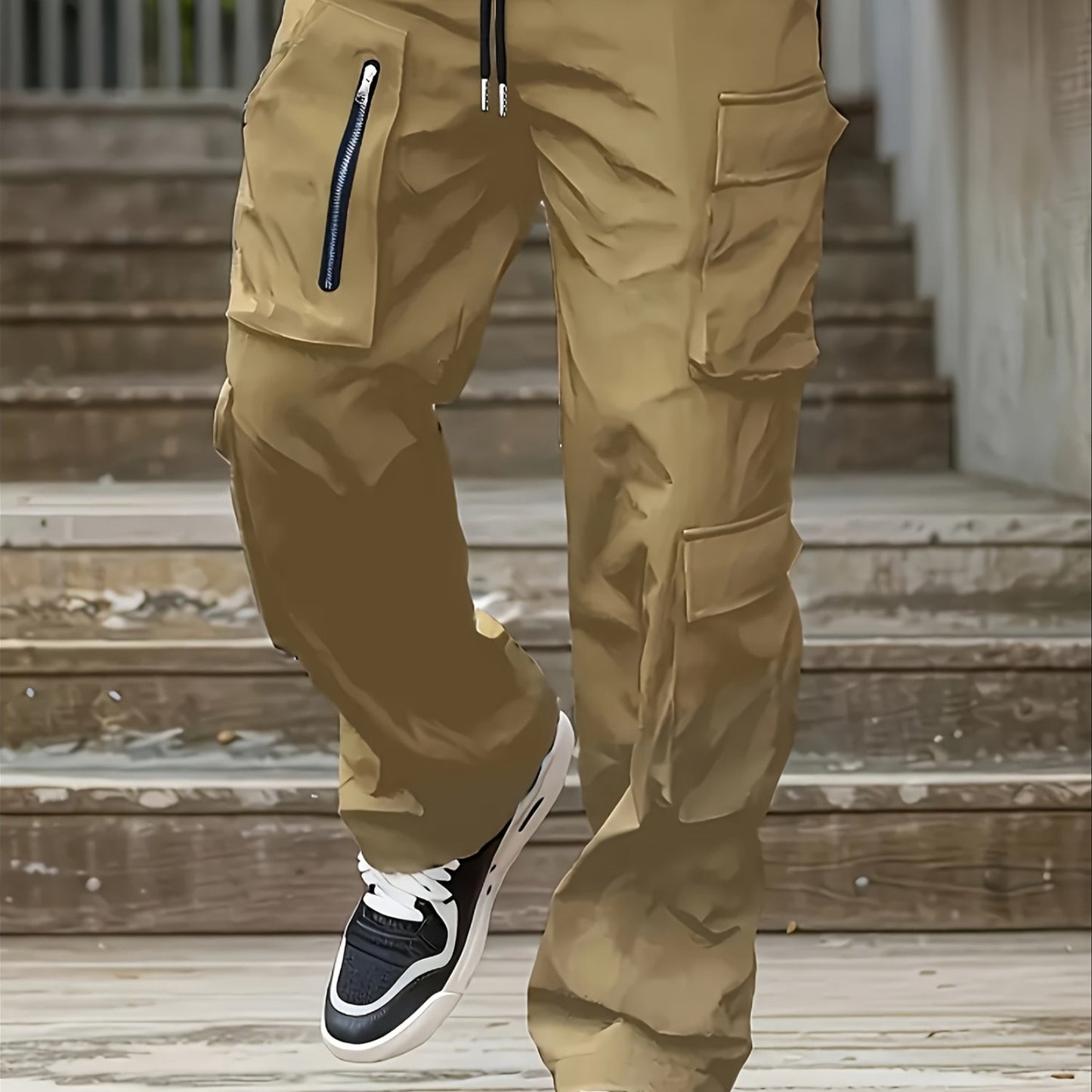 Men’s Black Cargo Pants – Multi-Zip Loose-Fit Outdoor Joggers for Spring/Fall