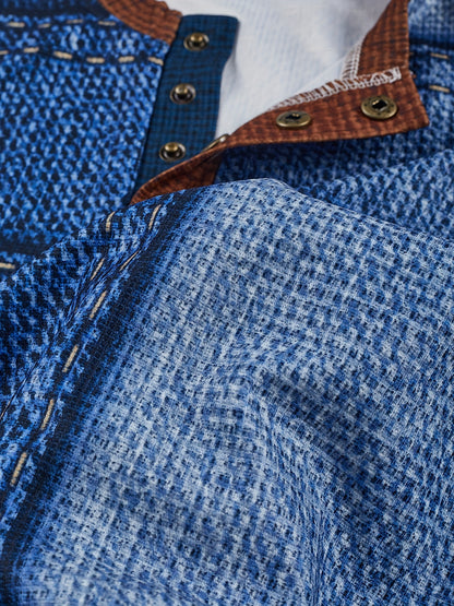 Men’s Geometric Henry Shirt – Long Sleeve Casual Crew Neck Top