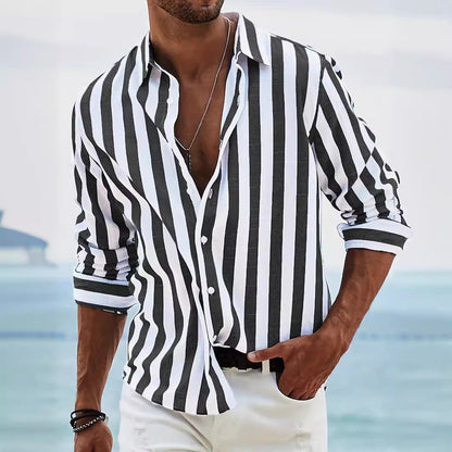 Camisa Casual Rayada para Hombre – Manga Larga Estilo Británico de Ajuste Holgado