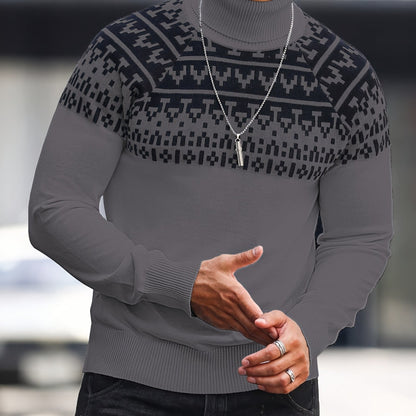 Suéter de cuello alto geométrico para hombre - Suéter informal de punto para otoño e invierno