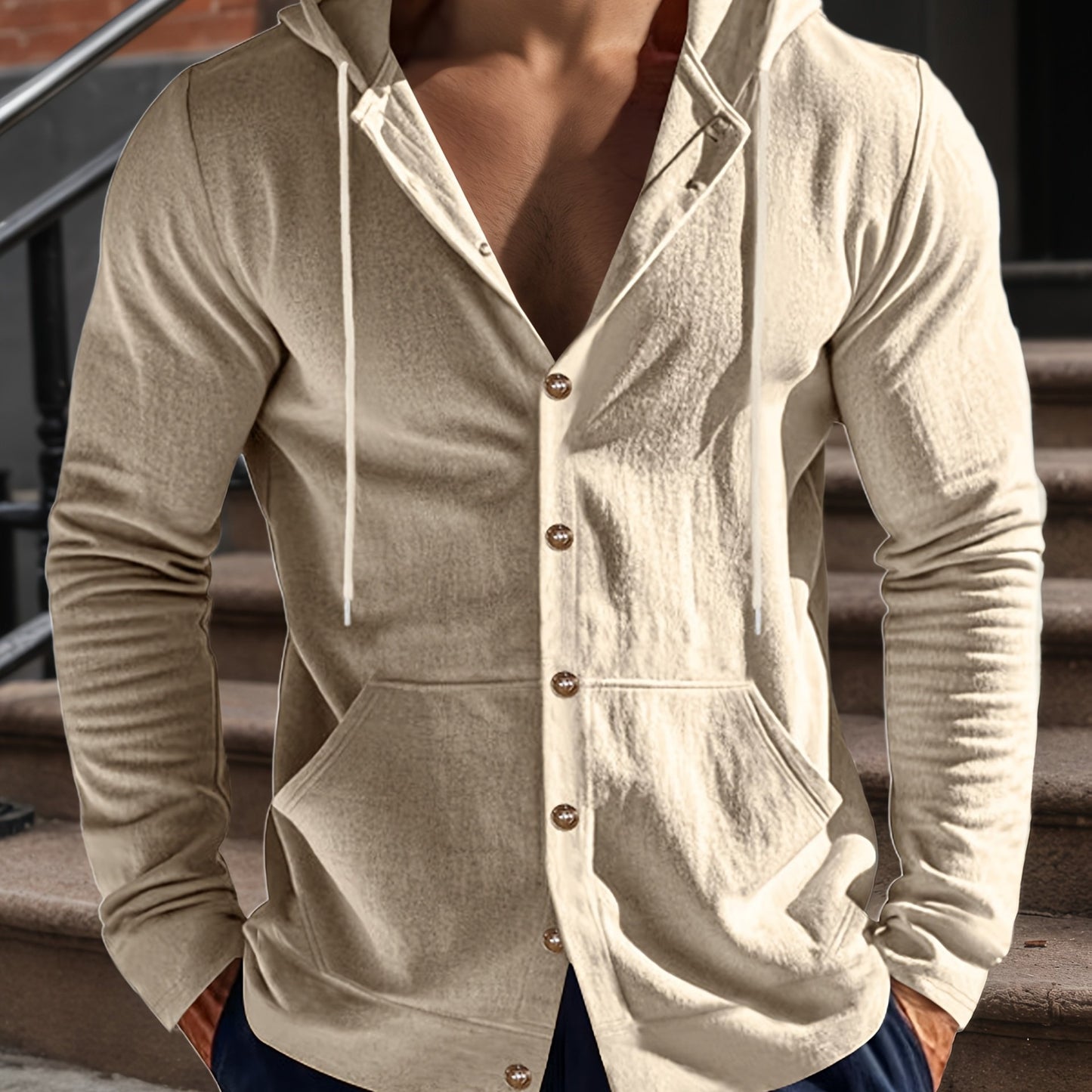 Men’s Linen Long Sleeve Hoodie Shirt – Casual Button-Up with Pocket