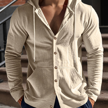 Men’s Linen Long Sleeve Hoodie Shirt – Casual Button-Up with Pocket