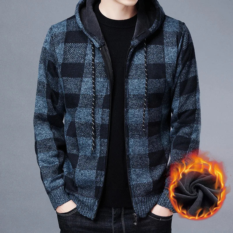 Loom & Soul Men’s Checkered Knit Fleece Jacket – Luxury Hooded Winter Cardigan