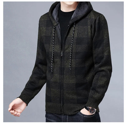 Loom & Soul Men’s Checkered Knit Fleece Jacket – Luxury Hooded Winter Cardigan
