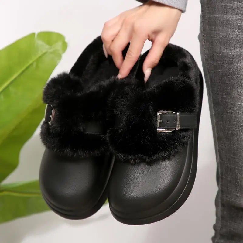 Women’s Waterproof Platform Fur Clogs – Cozy Winter Slip-On