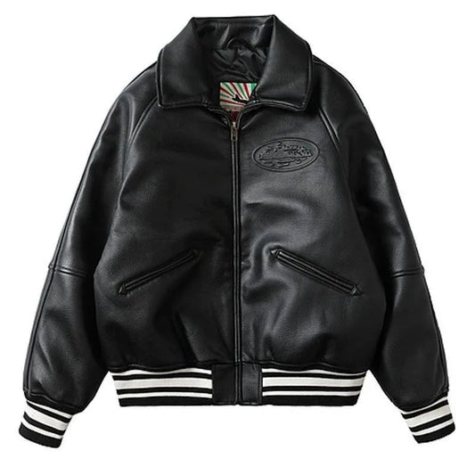 Loom & Soul Y2K PU Leather Baseball Jacket – Vintage Hip Hop Streetwear Coat