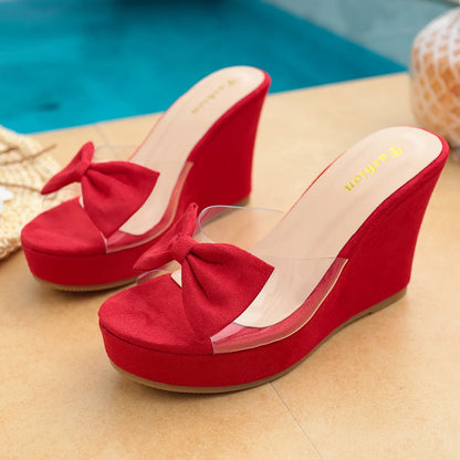 Women’s Bow Wedge Sandals – Elegant Platform Summer Slides