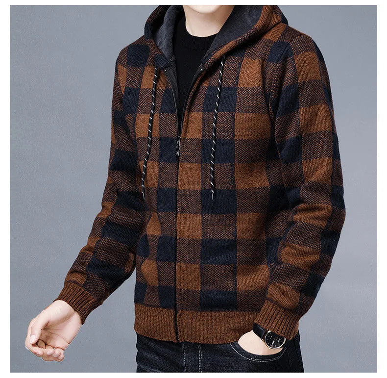 Loom & Soul Men’s Checkered Knit Fleece Jacket – Luxury Hooded Winter Cardigan