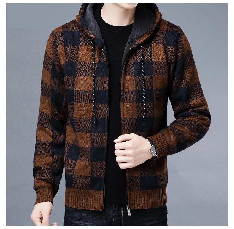 Loom & Soul Men’s Checkered Knit Fleece Jacket – Luxury Hooded Winter Cardigan