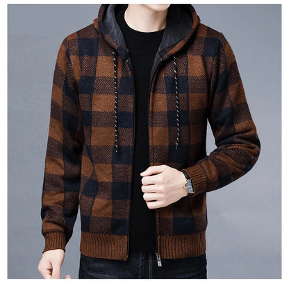Loom & Soul Men’s Checkered Knit Fleece Jacket – Luxury Hooded Winter Cardigan