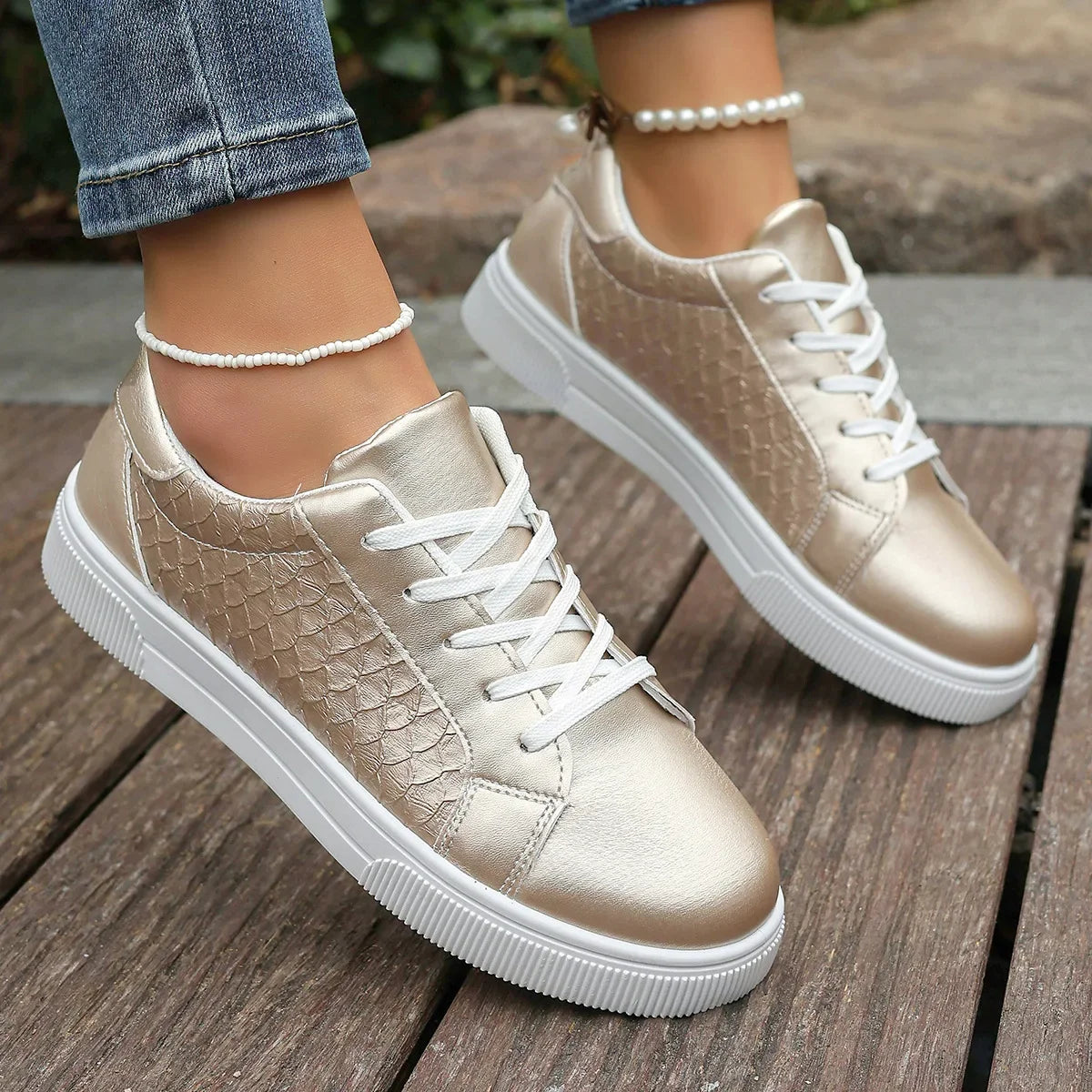 Loom & Soul Women’s Gold & Silver PU Sneakers – Plus Size Fashion Comfort