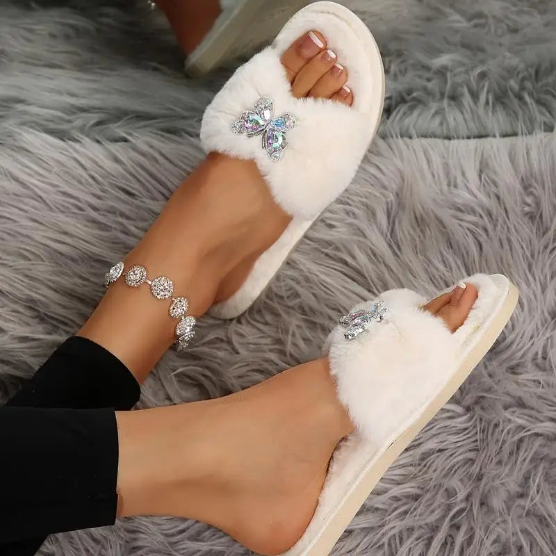 Women’s Glitter Butterfly Fur Slides – Cozy Luxury Slippers