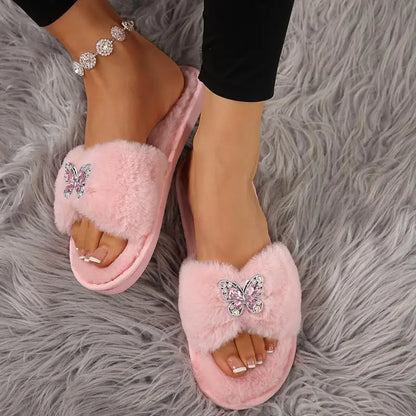 Women’s Glitter Butterfly Fur Slides – Cozy Luxury Slippers