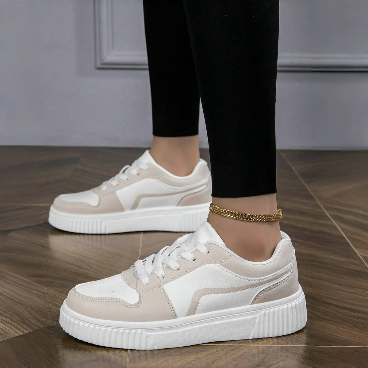 Women’s PU Leather Sneakers – Lightweight Lace-Up Casual Shoes for Spring/Autumn