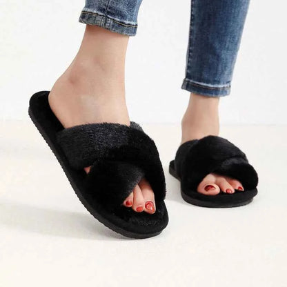 Cross Strap Faux Fur Slippers – Cozy Plush Home Comfort
