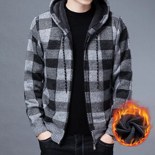 Loom & Soul Men’s Checkered Knit Fleece Jacket – Luxury Hooded Winter Cardigan