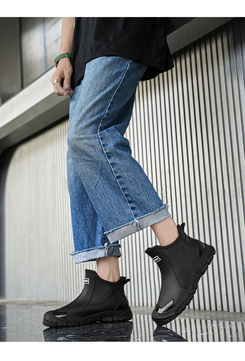 Men’s Waterproof PVC Rain Boots – Ankle Slip-On Anti-Slip Outdoor Work Shoes