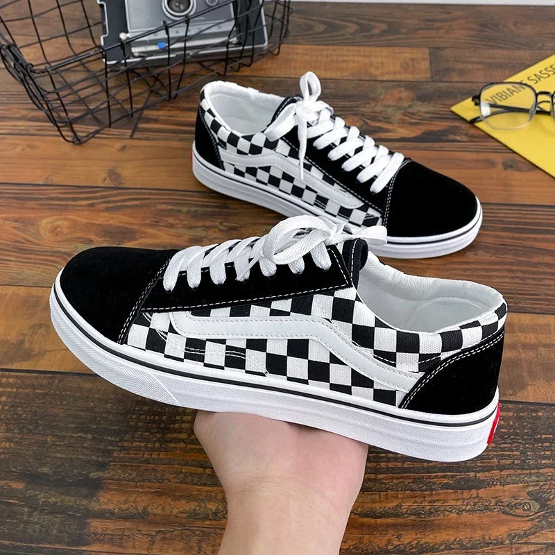 Men’s Checkered Canvas Sneakers – Lightweight Lace-Up Casual Shoes