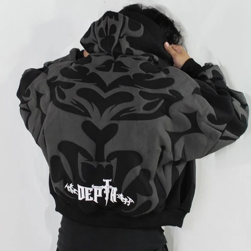 Lipswag Geometric Zip Hoodie – Men’s Y2K Streetwear Casual Hooded Sweatshirt