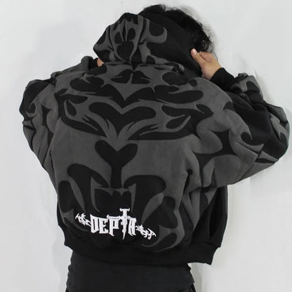 Lipswag Geometric Zip Hoodie – Men’s Y2K Streetwear Casual Hooded Sweatshirt