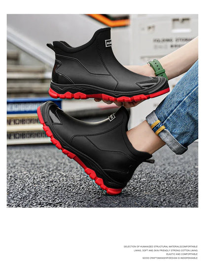Men’s Waterproof PVC Rain Boots – Ankle Slip-On Anti-Slip Outdoor Work Shoes