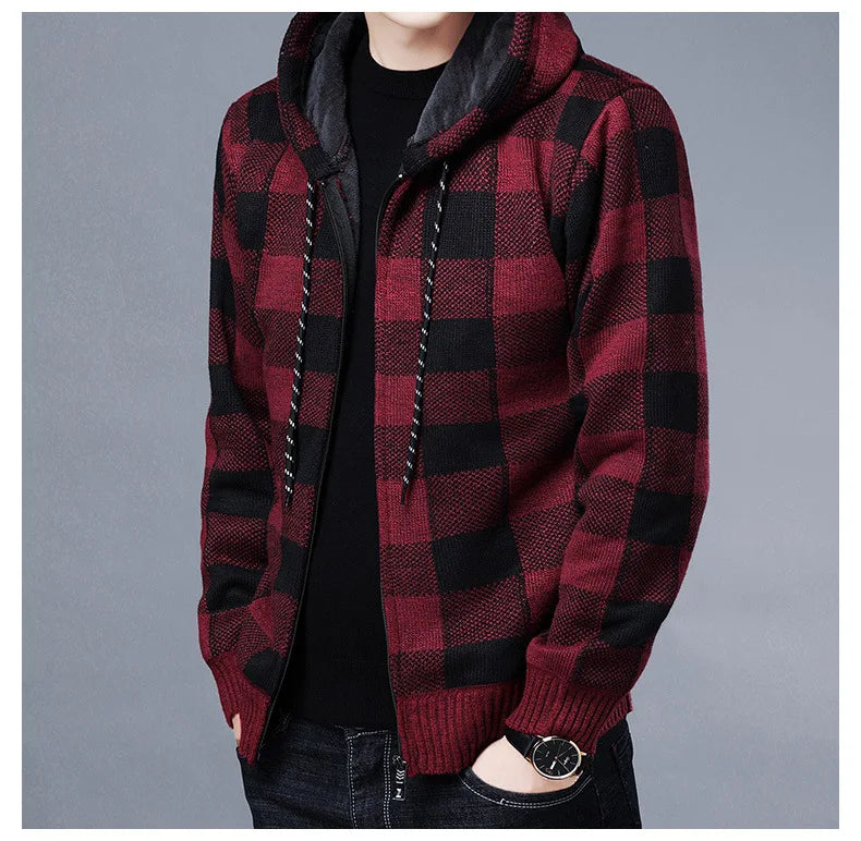 Loom & Soul Men’s Checkered Knit Fleece Jacket – Luxury Hooded Winter Cardigan