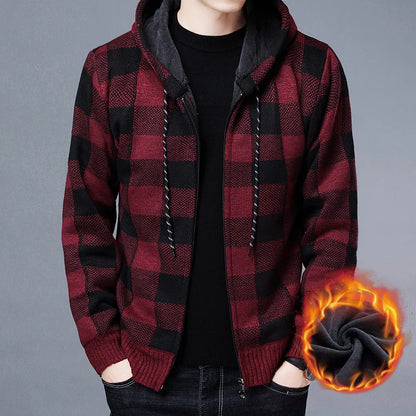 Loom & Soul Men’s Checkered Knit Fleece Jacket – Luxury Hooded Winter Cardigan